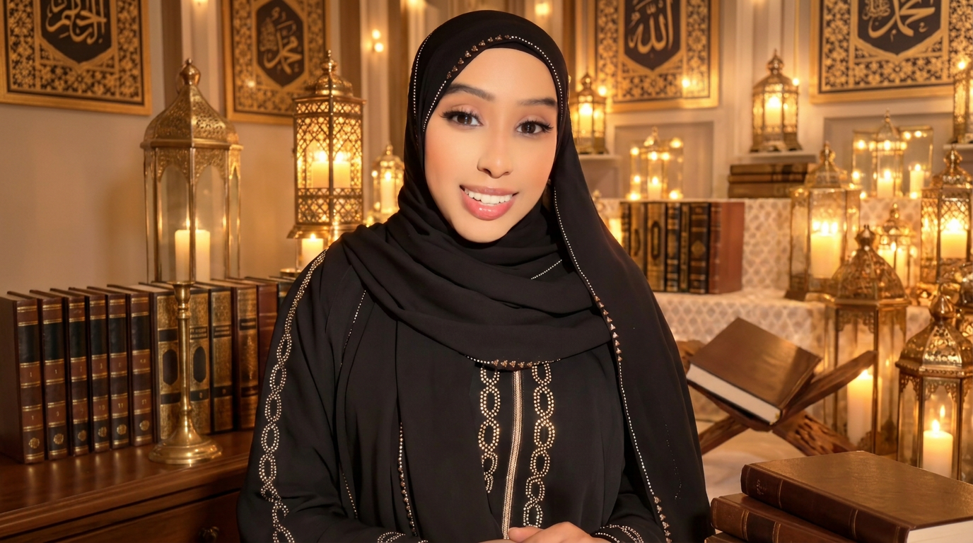 Amana Institute teacher in a black abaya at her online Quran lesson